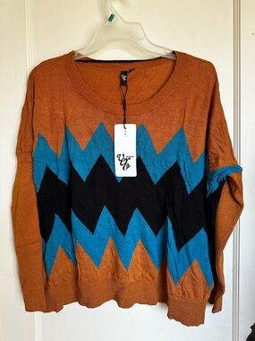 Vero Moda Rust Chevron Sweater with Teal & Black Accents